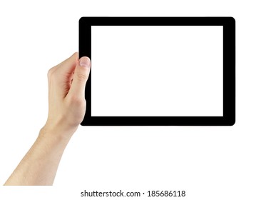 Adult Man Hand Holding Generic Tablet Pc With White Screen, Isolated On White