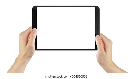 Adult Man Hand Holding Generic Tablet Pc With White Screen, Isolated On White