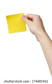 adult man hand holding sticky note, isolated on white