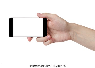 Adult Man Hand Taking Photo With Generic Smartphone, Isolated