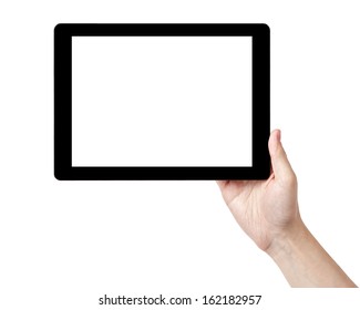 Adult Man Hands Holding Tablet Pc With White Screen, Isolated