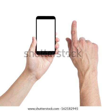 adult man hands using mobile phone with white screen, isolated