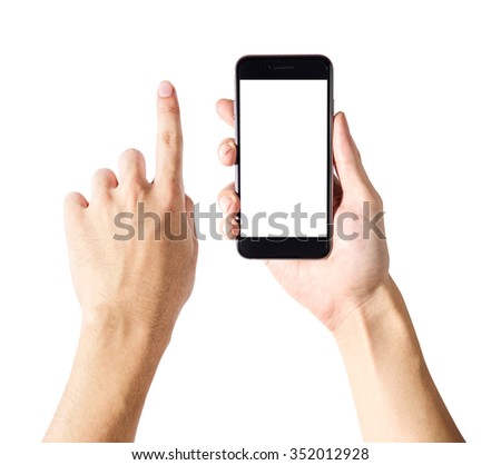 adult man hands using mobile phone with white screen, isolated white background