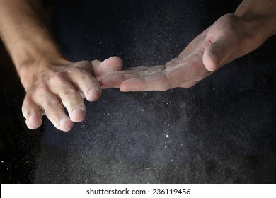 Adult Man Hands Work With Flour, Dark Photo