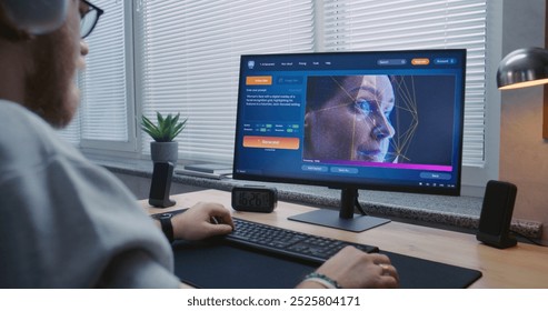 Adult man in headphones enters prompt in AI video generator on PC. Artificial intelligence chatbot generate high quality video of womans face with facial recognition digital overlay. Generative art.