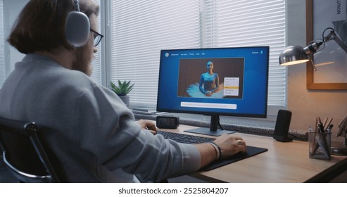 Adult man in headphones enters prompt in artificial intelligence chatbot on personal computer. AI video generator app generate detailed video of dancing ballerina. Advanced AI generated video creation