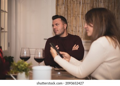 An Adult Man Making An Angry Expression Gesture On A Bad Date At The Restaurant.Valentine's Day.