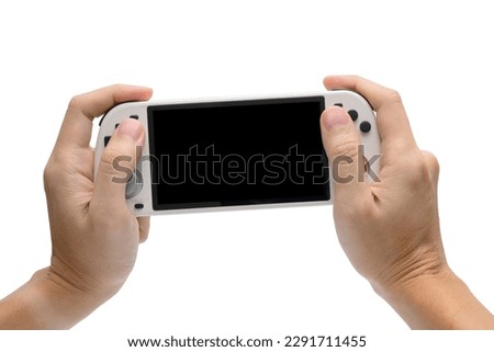 Adult Man Playing Handheld Game Console on iSolated White Background, Classic Retro Game Device for Leisure Time.