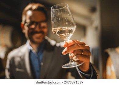 Adult man winemaker hold glass of white wine in winery - Powered by Shutterstock