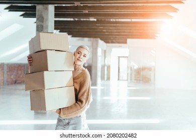 Adult Middle Age Business Woman With Boxes Relocating To New Office. Sun Glare Effect.