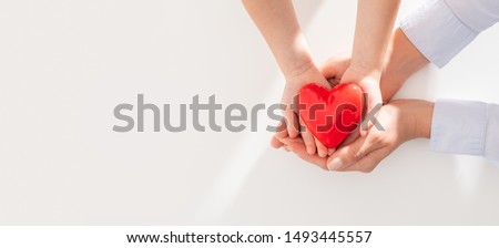 An adult, mother and child hold a red heart in their hands. Concept for charity, health insurance, love, international cardiology day.
