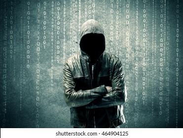 An adult online anonymous internet hacker with invisible face in urban environment and number codes illustration concept