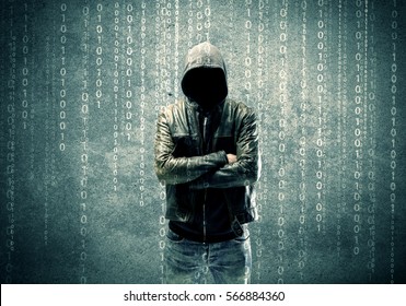 An adult online anonymous internet hacker with invisible face in urban environment and number codes illustration concept