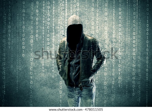 An\
adult online anonymous internet hacker with invisible face in urban\
environment and number codes illustration\
concept