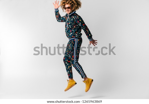 Adult Positive Smiling Funky Man Curly Stock Photo Edit Now