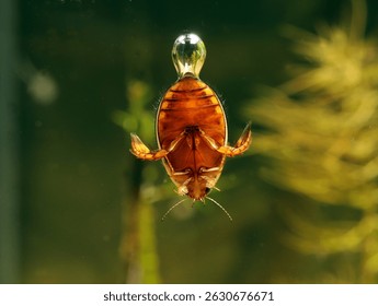 Adult predaceous diving beetle (Graphoderus liberus) underwater, ventral view showing male pro-tarsi with suckers used to secure a female for mating, macro close-up. 