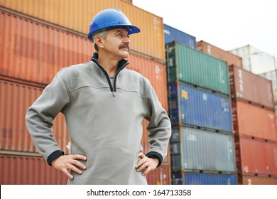 Adult Terminal Cargo Dock Warehouse Worker In Front Of Maritime Shipping Container