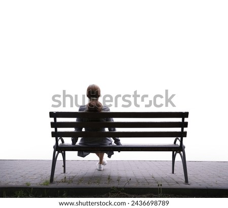Adult tired 1 lady feel worry grief anxiety cry pray mood seat chair light mist city shore even view text space. Lost love pretty dress teen look upset young frown morn travel peace life wait faith