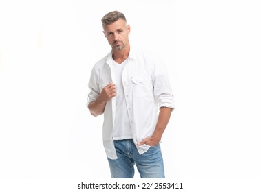 adult unshaven man in white shirt. unshaven man style. studio shot of unshaven man. - Shutterstock ID 2242553411