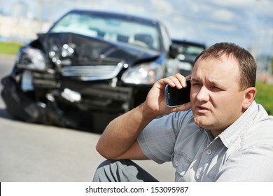 Adult Upset Driver Man Discussing On Mobile Phone In Front Of Automobile Crash Car Collision Accident In City Road