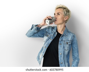 Adult Woman Drinking Beverage From Can