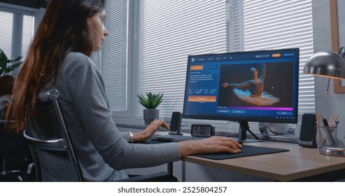 Adult woman enters prompt in artificial intelligence chatbot on personal computer. AI image generator generate detailed high-quality image portrait of ballerina. Advanced AI generated photo creation.