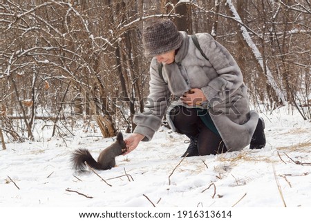 Adult woman feeding squirrel in park in winter