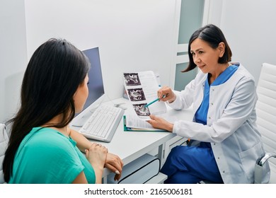 Adult Woman Getting Consultation On Her Exam Results And Ovaries Ultrasound From Her Gynecologist. Gynecology And Treatment Of Gynecological Diseases