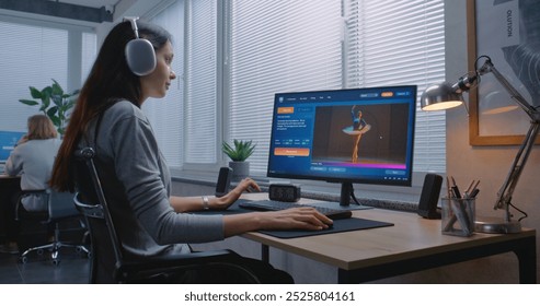 Adult woman in headphones enters prompt in artificial intelligence chatbot on personal computer. Advanced AI video generator creates high-quality video of dancing ballerina. Futuristic generative art.
