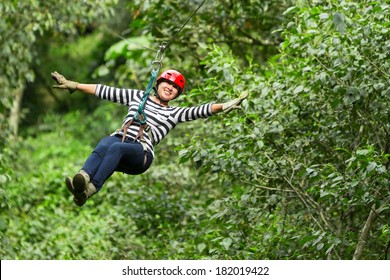 Adult Woman On Zip Line Ecuadorian Andes