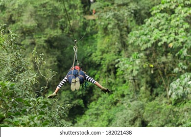 Adult Woman On Zip Line Ecuadorian Andes