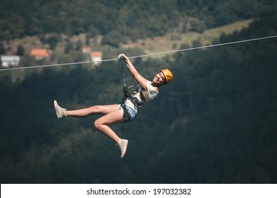 Adult Woman On Zip Line