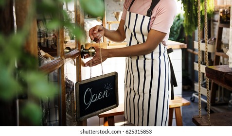 Adult Woman Open Door Hanging Open Sign