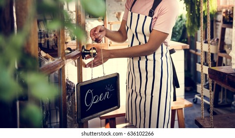 Adult Woman Open Door Hanging Open Sign