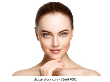 Adult woman portrait, skin care concept, beautiful skin and hands with manicure nails.