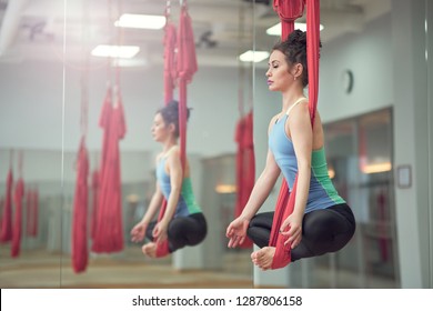 Adult woman practices aero anti-gravity yoga position in studio. Inversion bow pose in aero anti gravity yoga. Aerial exercises - Powered by Shutterstock