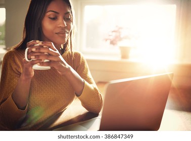 Adult Woman Smiling Sitting Near Bright Window While Looking At Open Laptop Computer On Table And Holding White Mug