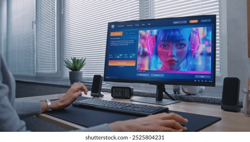 Adult woman types prompt in artificial intelligence chatbot on PC. AI image generator app generate detailed high-quality image of cyberpunk girl in anime style. From text prompt to AI generated photo. - Powered by Shutterstock - Get 15% off with code: PIKWIZARD15