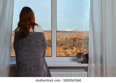 Adult Woman At The Window Wrapped In A Grey Blanket Next To A Cat. Autumn Nature Outside The Window And Home Comfort