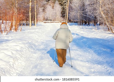 Adult Woman In Winter Sportswear With Sticks For Nordic Walking On Winter Landscape City Park Background, Back View. Mature Woman Doing Exercise Outdoors. Winter Soprt Healthy Lifestyle Concept.