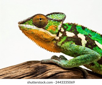 adult Yemen Veiled Chameleon - Chamaeleo calyptratus - close up. Multicolor Beautiful Chameleon closeup reptile with colorful bright skin.  Exotic Tropical Pet isolated on white background
 - Powered by Shutterstock