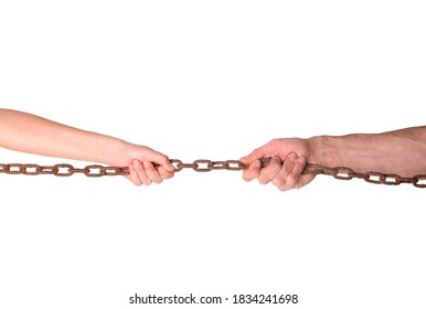 Adults and children's hands pulling an iron rusty chain like a rope in different directions as in a dispute - Powered by Shutterstock