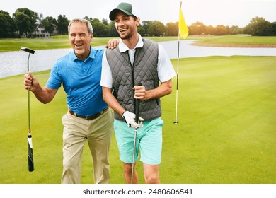 Adults, father and man for golf sport, physical activity and bonding through recreation. People, mature dad and son for walking in nature for friendly competition, game and support in country club - Powered by Shutterstock