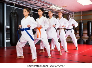 Adults In Kimono Trying New Martial Moves At Karate Class