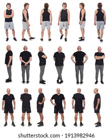 Adults Men In Sportswear Face, Profile And Back  Standing On White Background