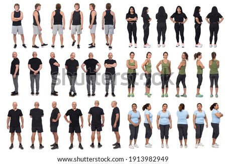 adults wemen and men in sportswear face, profile and back  standing on white background