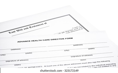 Advance Health Care Directive Form With Last Will And Testament Isolated On White