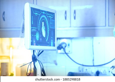 Advance scanning machine computer screen at hospital. modern medical equipment. Digital diagnostics technology, heart disease concept, background, copy space. artificial intelligence.