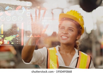 Advance Technology Innovation For Factory Engineering Solution Information Display Overlay With Women Engineer Worker Happy To Use Concept Design.