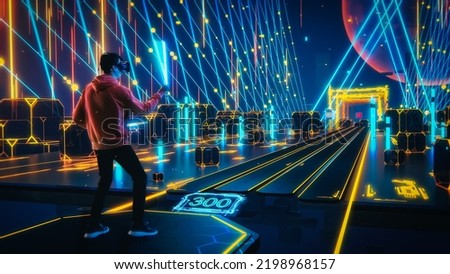 Advanced 3D Edit: Player Wearing Virtual Reality Headset Plays Augmented Reality Arcade Video Game, Fighting Cubes with Laser Swords, Scoring Points. Colorful Immersive Fun, Entertainment ストックフォト © 
